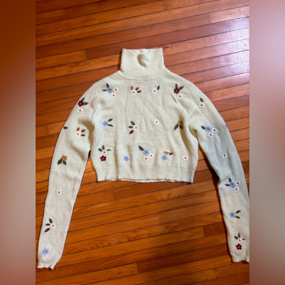 Zara Green Knit Embroidered Cropped Turtleneck Sweater
